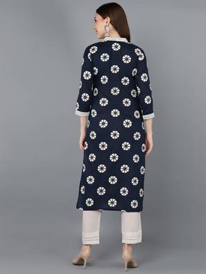 women navy blue cotton floral printed straight kurta 4