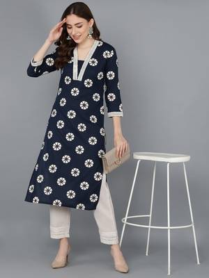 women navy blue cotton floral printed straight kurta 5