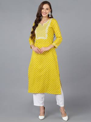 women yellow cotton bandhani embroidered straight kurta 1