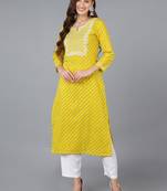 women yellow cotton bandhani embroidered straight kurta