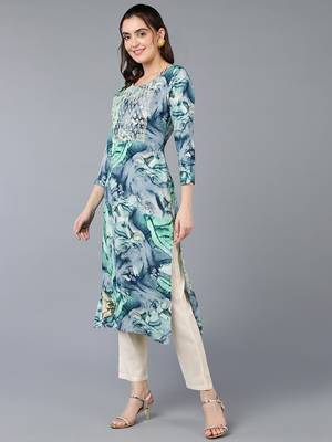 women turquoise blue viscose rayon abstract embroidered straight kurta 3