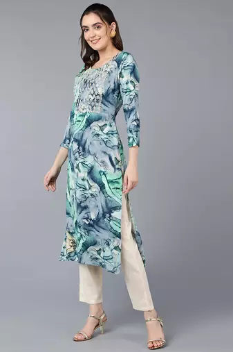 women turquoise blue viscose rayon abstract embroidered straight kurta