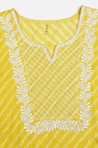 women yellow cotton bandhani embroidered straight kurta