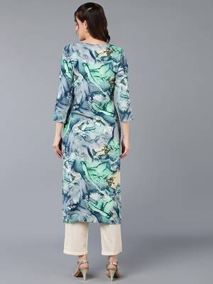 women turquoise blue viscose rayon abstract embroidered straight kurta 4