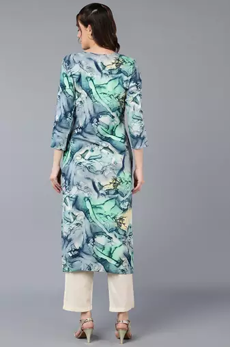 women turquoise blue viscose rayon abstract embroidered straight kurta