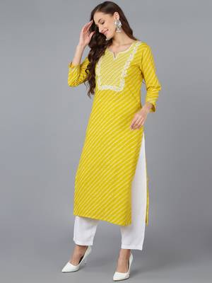 women yellow cotton bandhani embroidered straight kurta 3