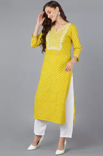 women yellow cotton bandhani embroidered straight kurta