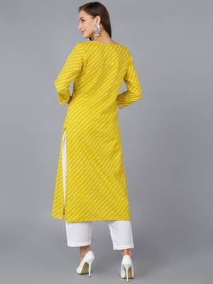 women yellow cotton bandhani embroidered straight kurta 4