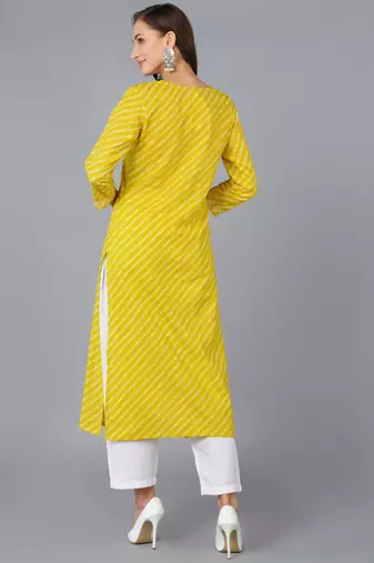 women yellow cotton bandhani embroidered straight kurta
