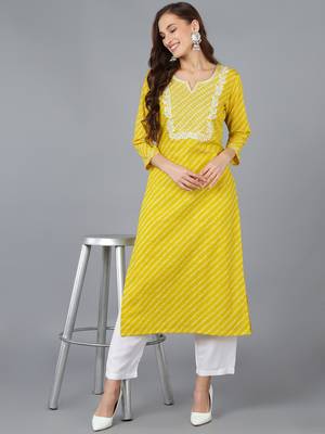 women yellow cotton bandhani embroidered straight kurta 5
