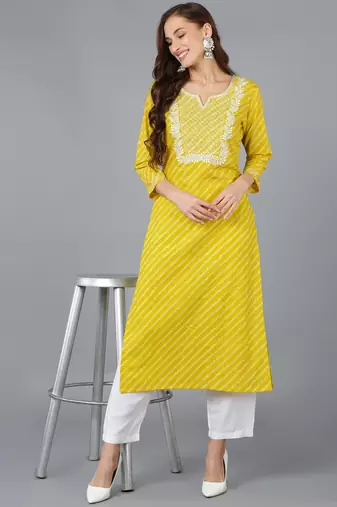women yellow cotton bandhani embroidered straight kurta