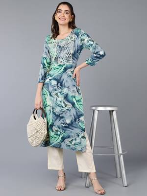 women turquoise blue viscose rayon abstract embroidered straight kurta 5