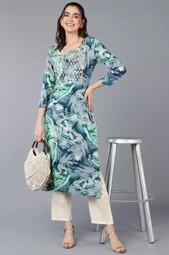 women turquoise blue viscose rayon abstract embroidered straight kurta