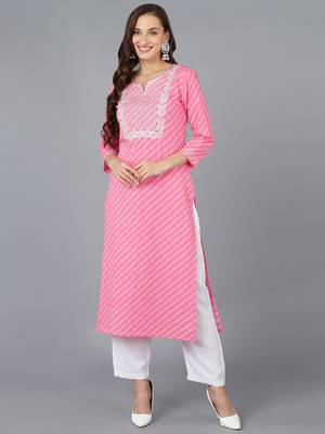 women pink cotton bandhani embroidered straight kurta 1