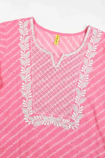 women pink cotton bandhani embroidered straight kurta