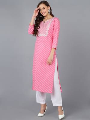 women pink cotton bandhani embroidered straight kurta 3
