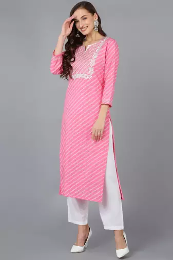 women pink cotton bandhani embroidered straight kurta