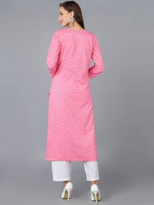 women pink cotton bandhani embroidered straight kurta 4