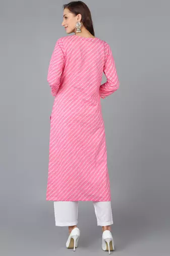 women pink cotton bandhani embroidered straight kurta
