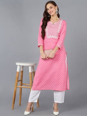 women pink cotton bandhani embroidered straight kurta 5