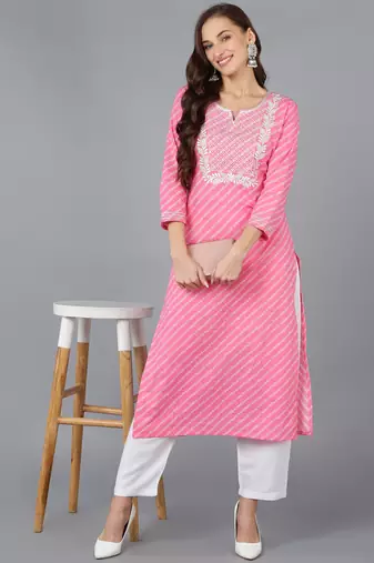 women pink cotton bandhani embroidered straight kurta