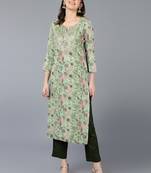 women green viscose rayon floral embroidered straight kurta