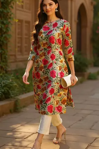 women grey rayon blend floral printed straight kurta