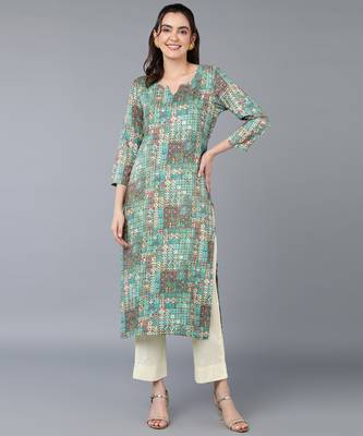 women turquoise blue cotton blend geometric printed straight kurta 1