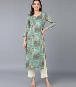 women turquoise blue cotton blend geometric printed straight kurta