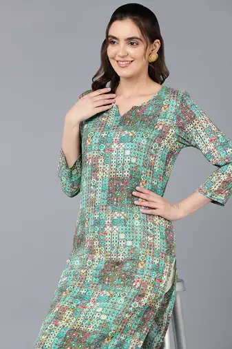 women turquoise blue cotton blend geometric printed straight kurta