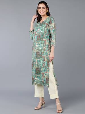 women turquoise blue cotton blend geometric printed straight kurta 3