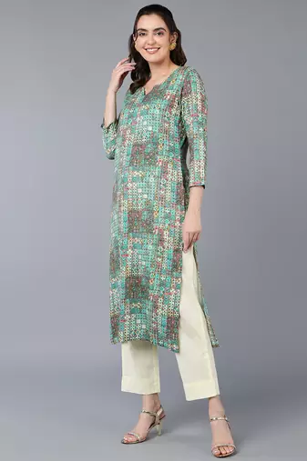 women turquoise blue cotton blend geometric printed straight kurta
