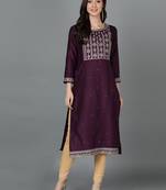 women purple silk blend solid embroidered straight kurta