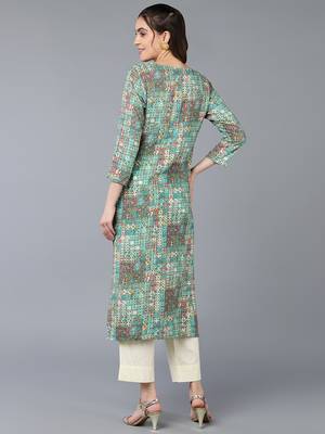 women turquoise blue cotton blend geometric printed straight kurta 4