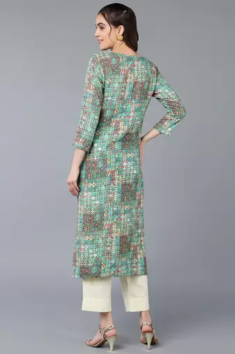 women turquoise blue cotton blend geometric printed straight kurta