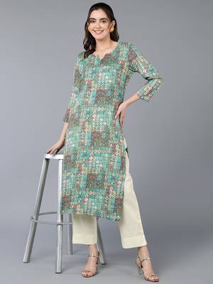 women turquoise blue cotton blend geometric printed straight kurta 5