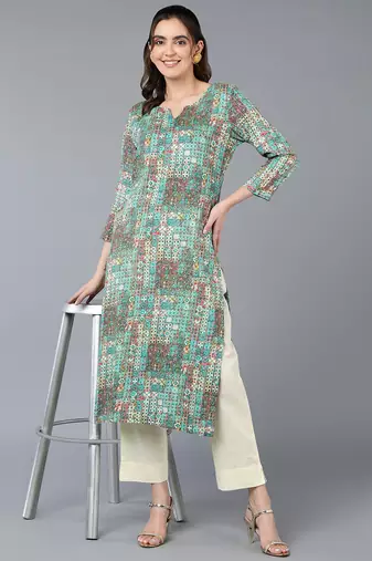 women turquoise blue cotton blend geometric printed straight kurta