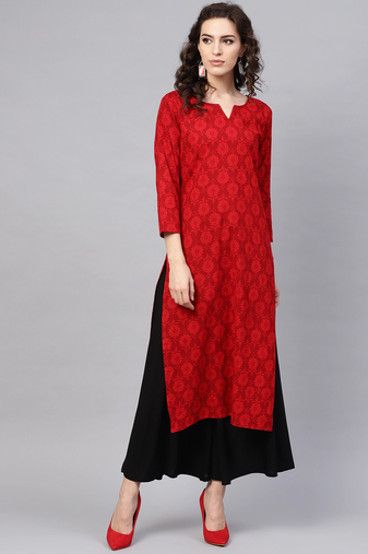 women red cotton ethnic motifs printed straight kurta