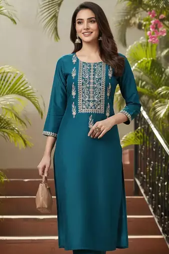 women teal silk blend solid embroidered straight kurta