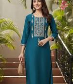 women teal silk blend solid embroidered straight kurta
