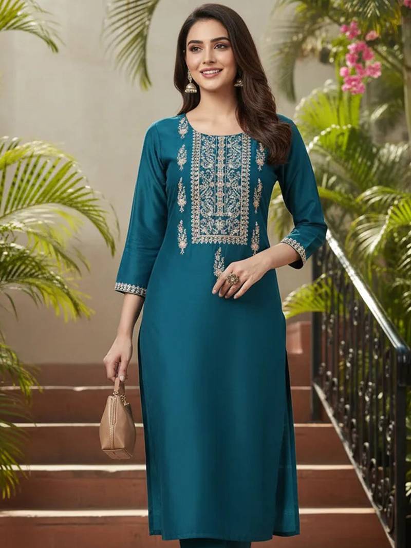 women teal silk blend solid embroidered straight kurta