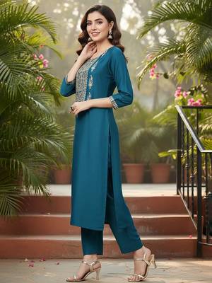 women teal silk blend solid embroidered straight kurta 2