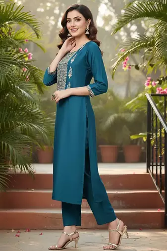 women teal silk blend solid embroidered straight kurta