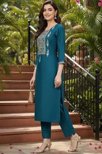 women teal silk blend solid embroidered straight kurta