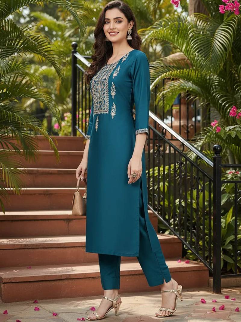 women teal silk blend solid embroidered straight kurta