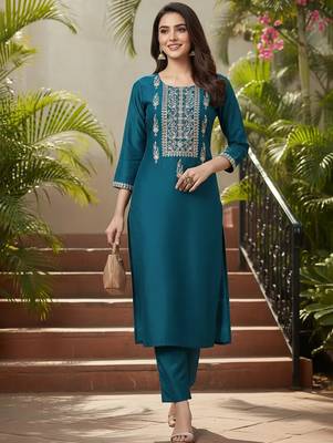 women teal silk blend solid embroidered straight kurta 5