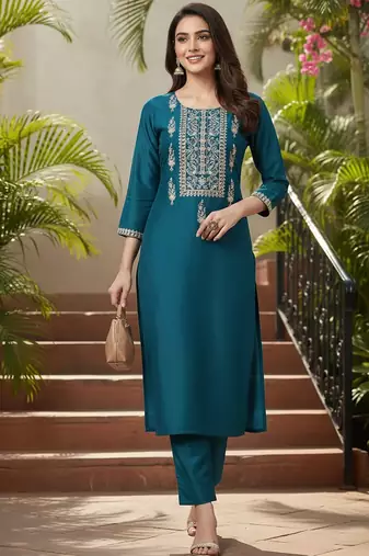 women teal silk blend solid embroidered straight kurta