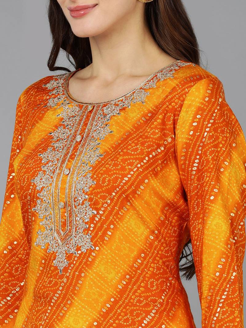 women orange viscose rayon bandhani embroidered straight kurta