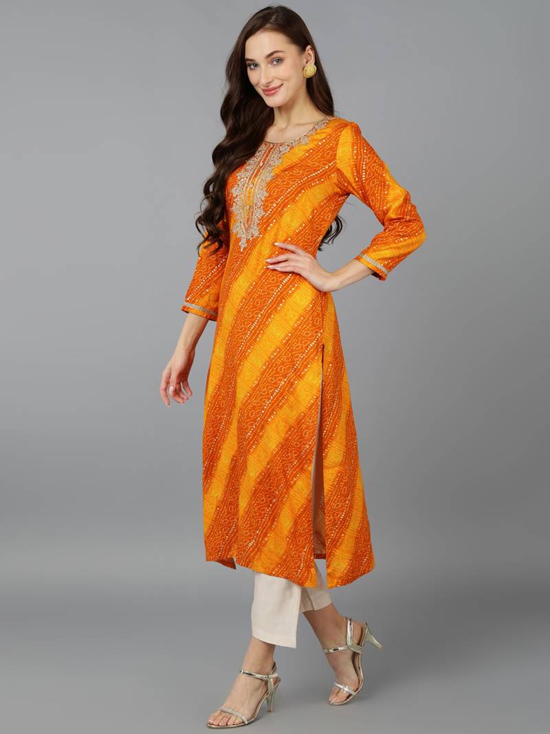 women orange viscose rayon bandhani embroidered straight kurta