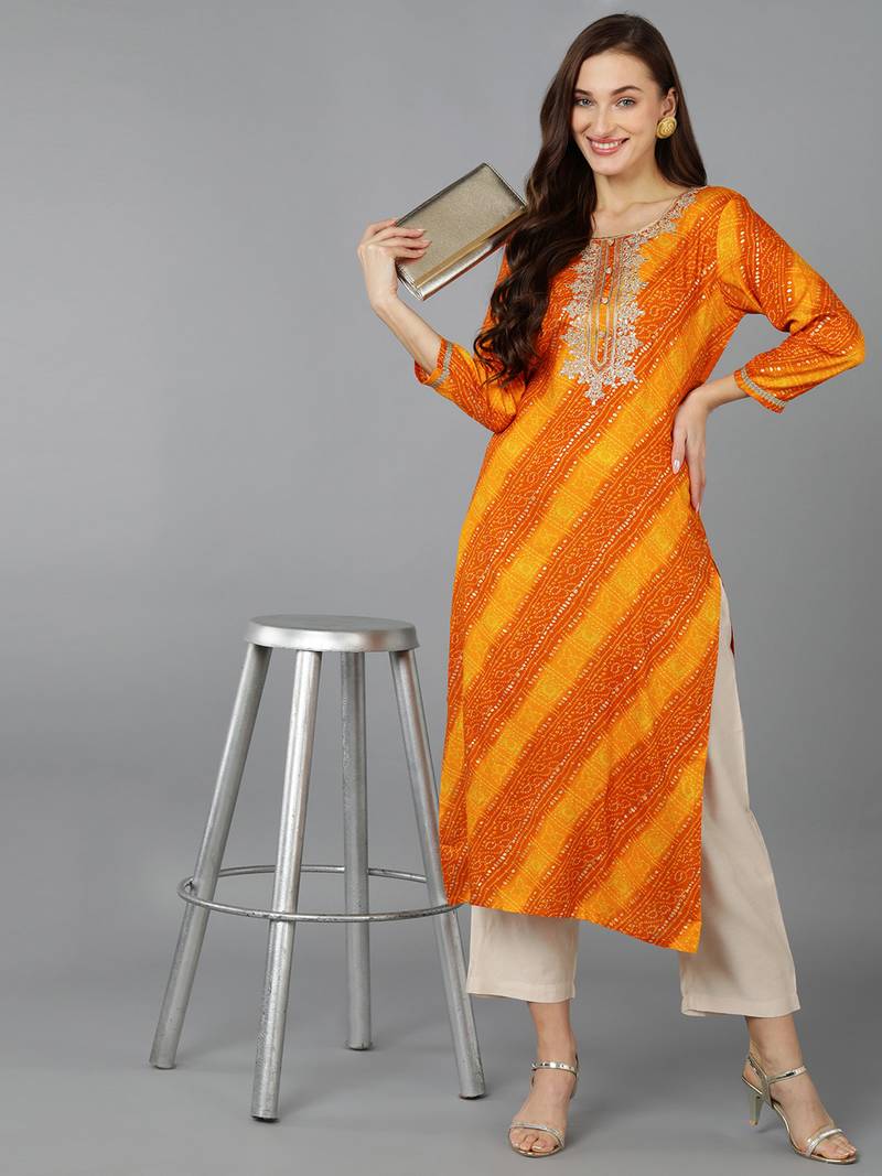 women orange viscose rayon bandhani embroidered straight kurta